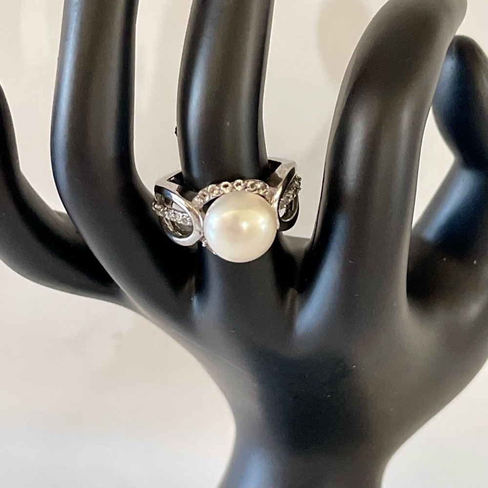 925 Sterling Silver, Fresh Water Pearl & White Topaz Ring Sz 8 - Picture 8 of 11
